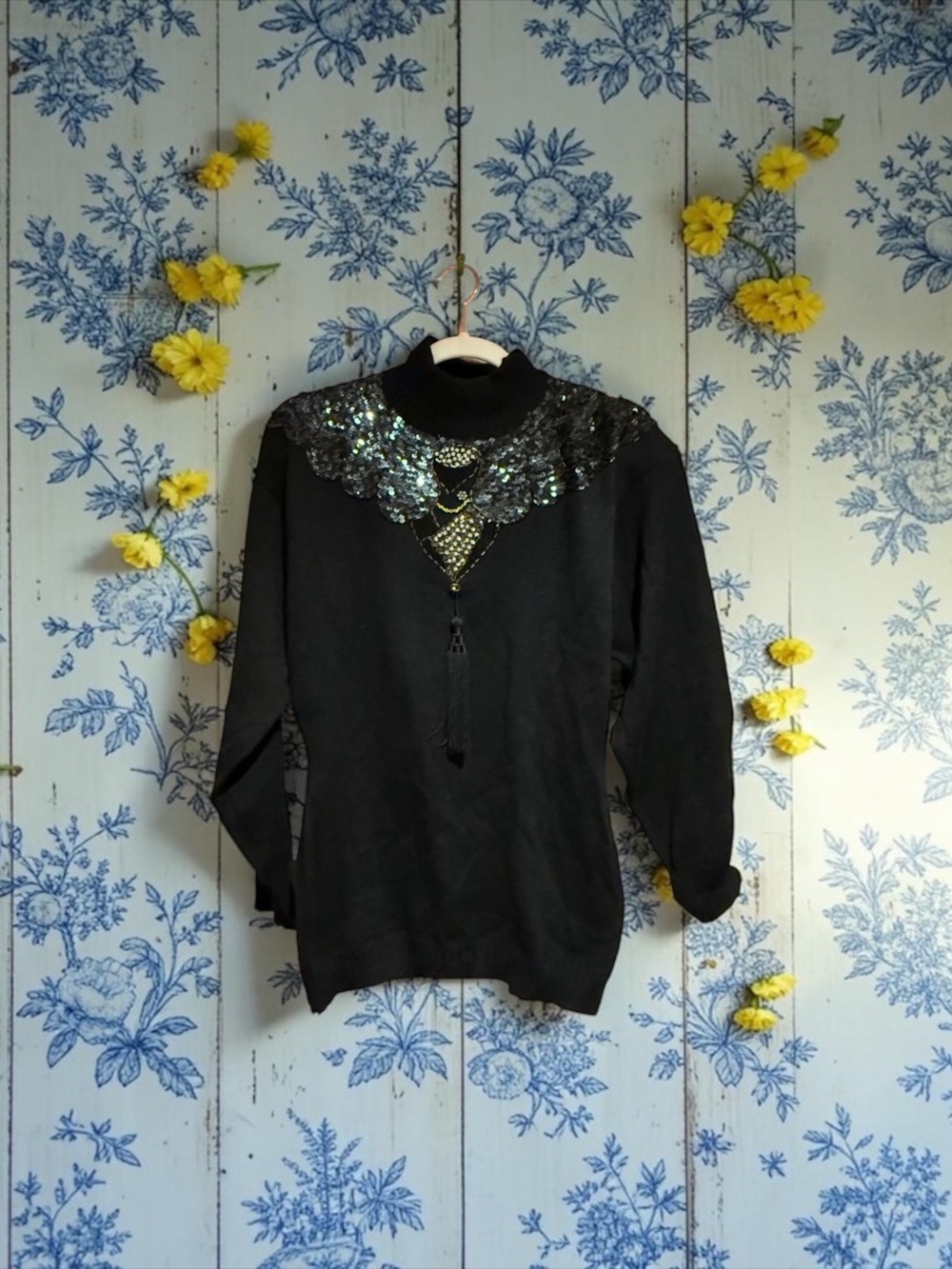 Vintage Black Sequin-Embellished Turtleneck Sweater